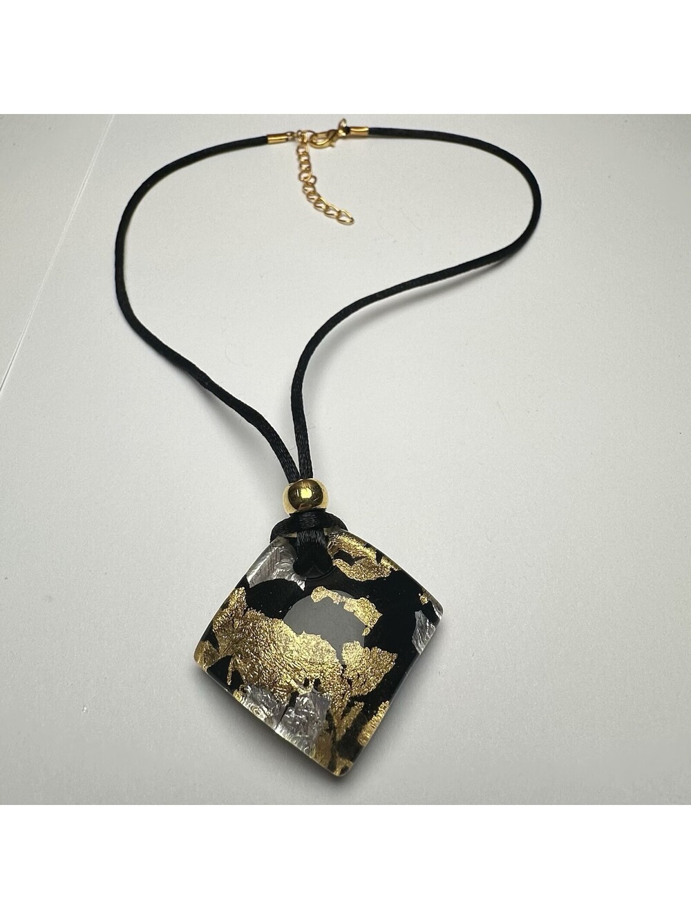 Vetro Di Murano Glass Black Gold Silver Foil Square Pendant Cord Necklace